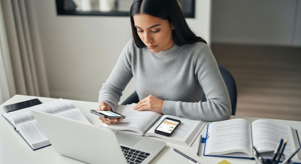 Joven latinoamericana estudiando inglés con aplicaciones y libros, acompañada de una laptop con subtítulos en pantalla.