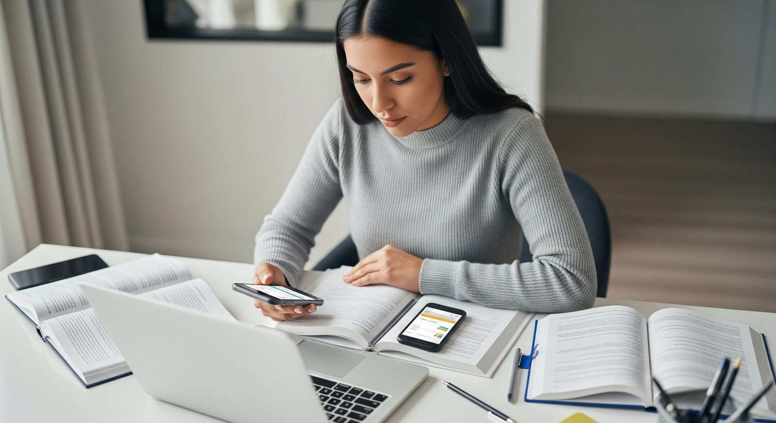 Joven latinoamericana estudiando inglés con aplicaciones y libros, acompañada de una laptop con subtítulos en pantalla.