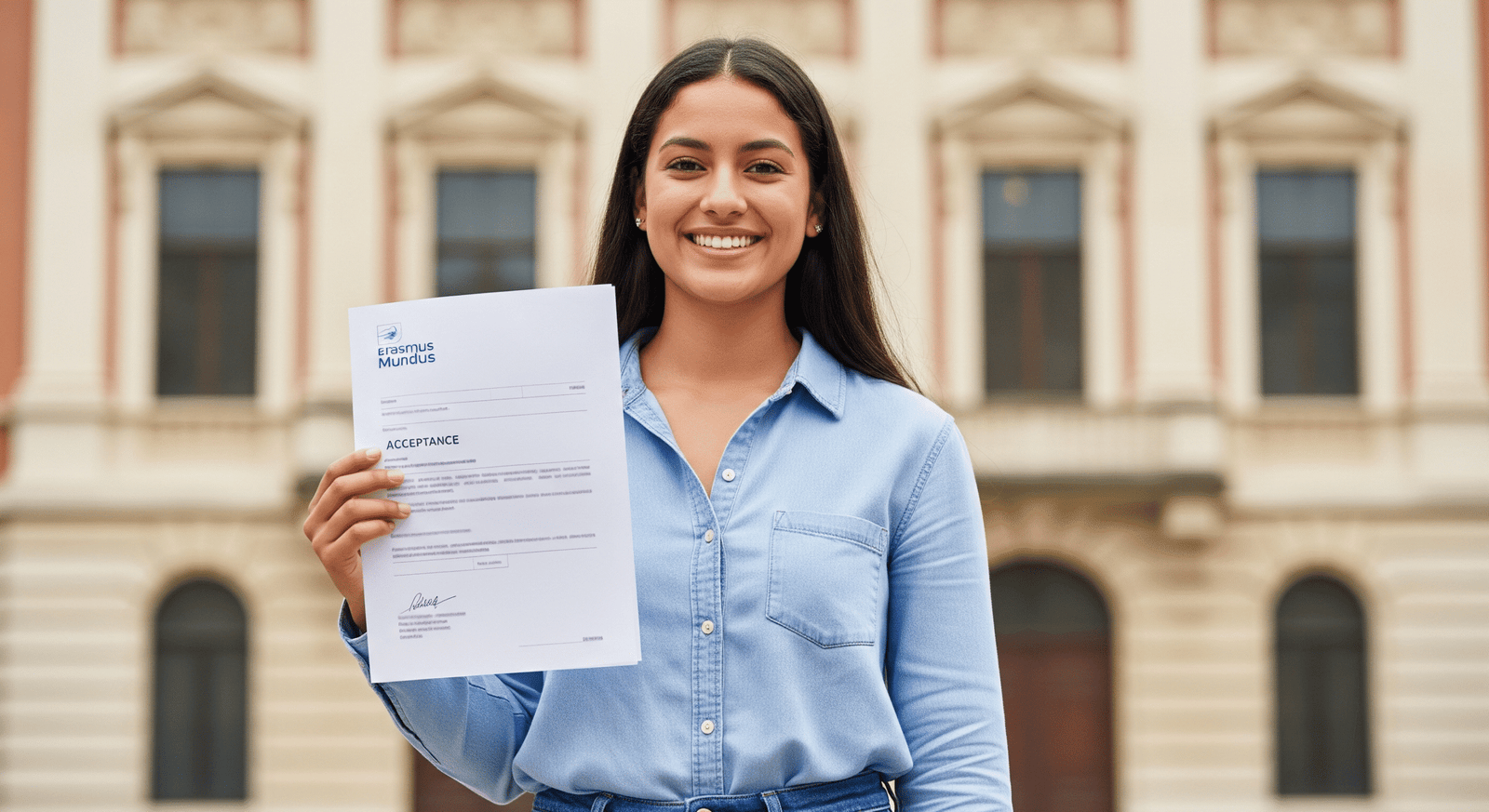 Estudiante internacional celebrando con su carta por haber sido admitida a su programa de maestría con financiamiento de Erasmus Mundus.