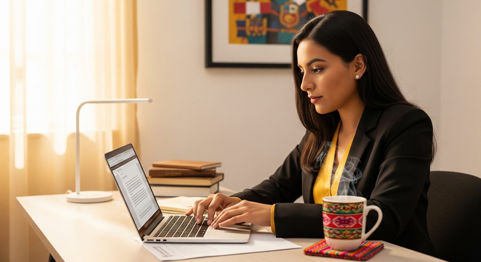 Estudiante latinoamericana escribiendo en su laptop una carta de motivación para postular a una beca Erasmus Mundus, mostrando concentración y profesionalismo.