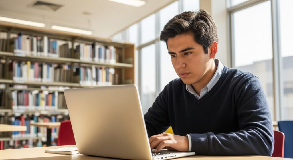 Estudiante revisando el Catálogo de Becas Erasmus Mundus en su laptop para postular a programas internacionales en Europa