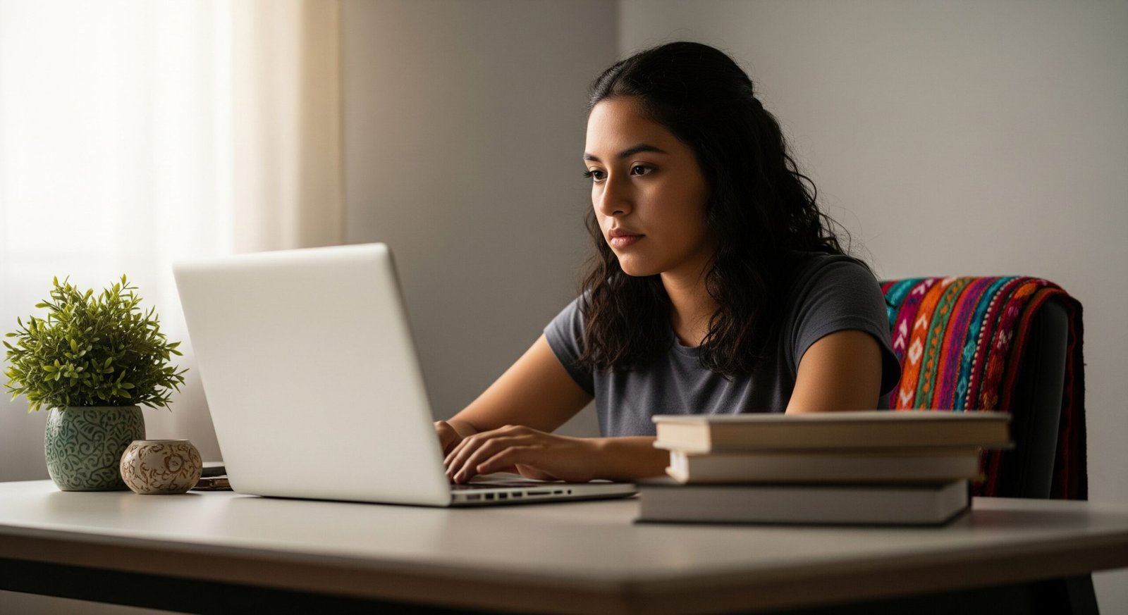 Estudiante latinoamericana explorando el catálogo en línea de becas Erasmus Mundus en su laptop.