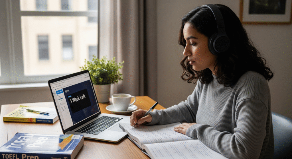 Estudiante latinoamericana estudiando en su laptop con apuntes y auriculares, preparándose para el examen TOEFL en una semana utilizando recursos digitales.