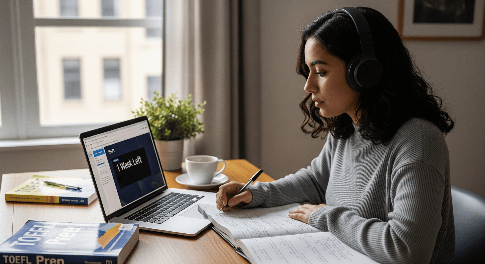 Estudiante latinoamericana estudiando en su laptop con apuntes y auriculares, preparándose para el examen TOEFL en una semana utilizando recursos digitales.