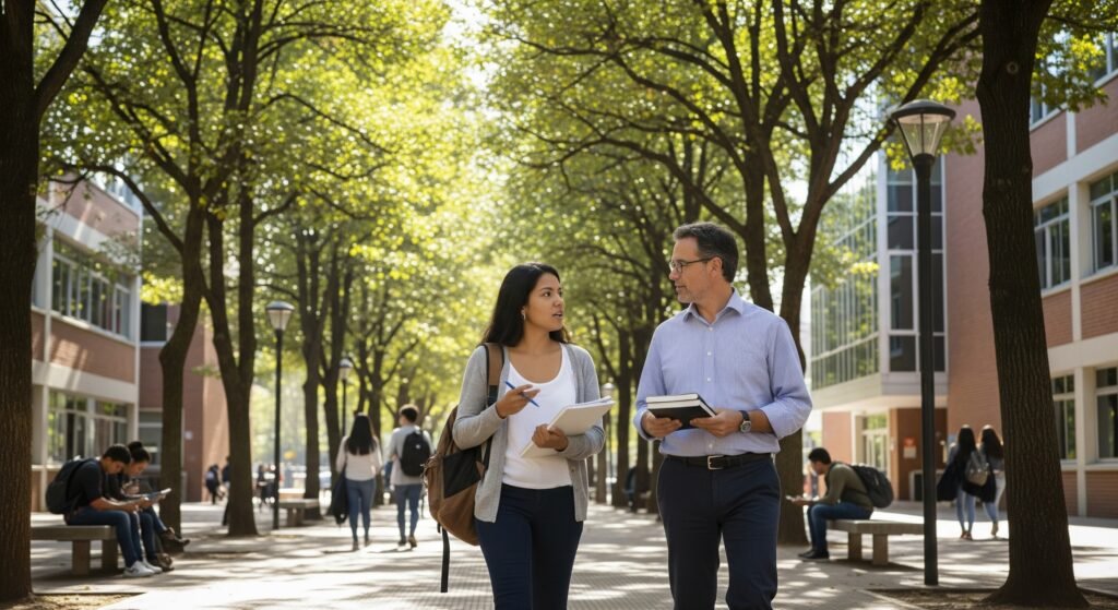 Estudiante latinoamericana conversando con un profesor en un campus universitario, simbolizando la elección de un recomendador académico para una beca internacional.