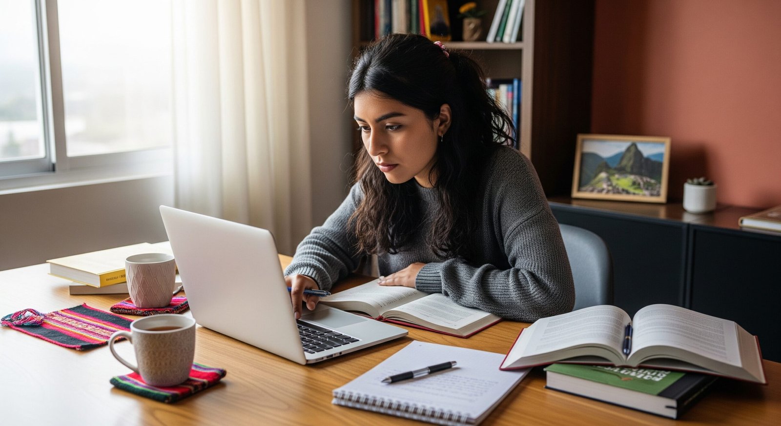Estudiante revisando su postulación a una beca Erasmus en su laptop, recordando los errores comunes que debe evitar para aumentar sus posibilidades de éxito.