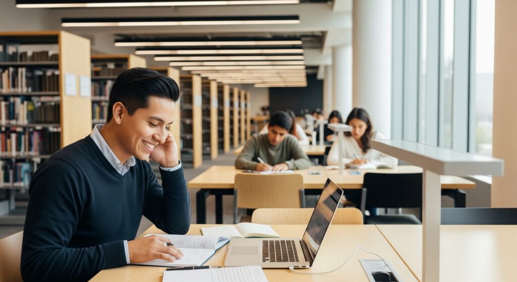 Joven profesional sonriente revisando apuntes y su laptop en una biblioteca moderna, representando cómo reforzar el perfil profesional con voluntariado, networking y proyectos propios.