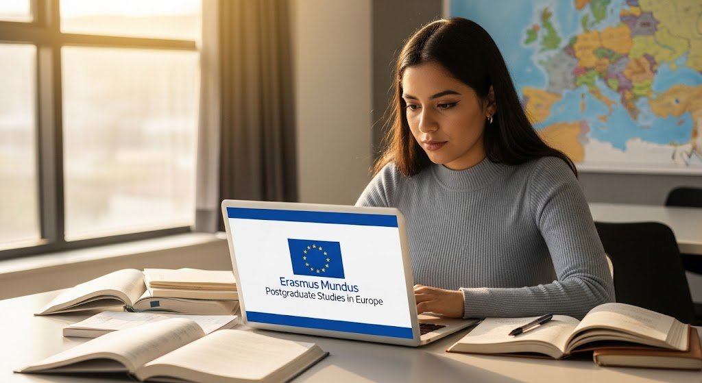 Imagen representativa de una joven estudiante revisando información sobre las becas Erasmus Mundus para estudios de posgrado en Europa.